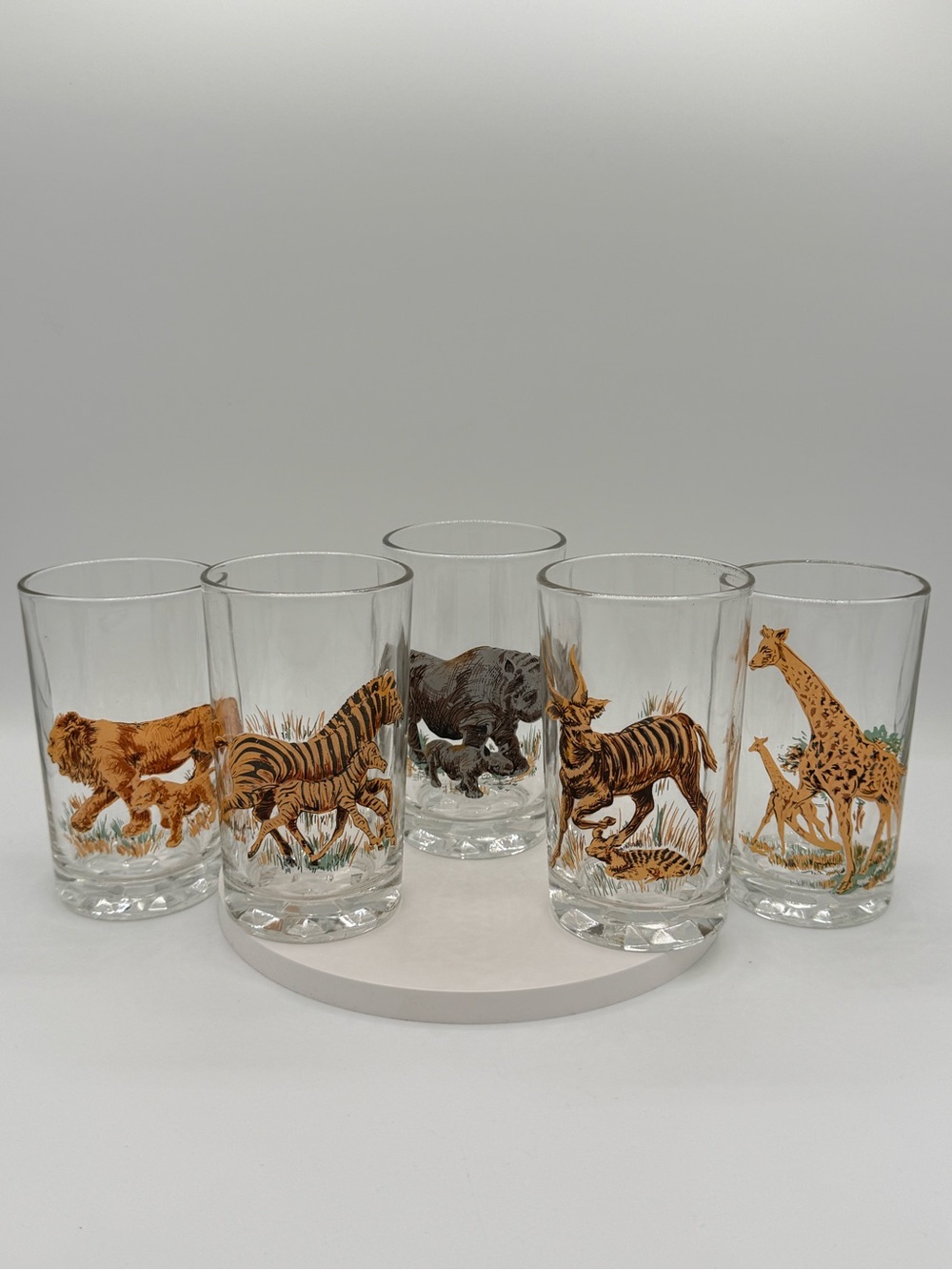 Set of five vintage Pasari glass tumblers with African wildlife decals.
